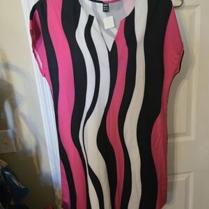 SHEIN Pink, Black, and White Wave Midi Dress